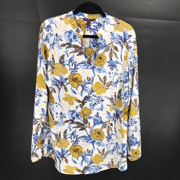 LONG TALL SALLY Long-Sleeve V-Neck White mustard Blue Fall autumn Floral 14T 14 - Picture 1 of 8